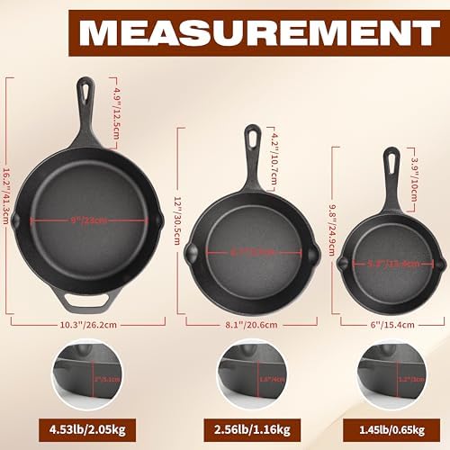 Cast Iron Skillet 3-Piece Set, 6", 8", 10" Frying Pans, Heavy-Duty Pre-Seasoned Pan Cookware Set, For Frying, Saute, Cooking, Pizza & More, Black - Image 2