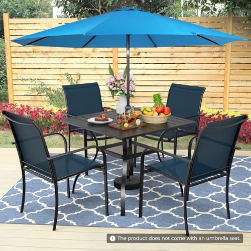 Incbruce 6 Pieces Paito Dining Set with Sky Blue Umbrella, Outdoor Metal Dining Set of 4 Textilene Chairs and Square Table with Umbrella Hole for Garden, Porch and Backyard (Blue) - Image 2