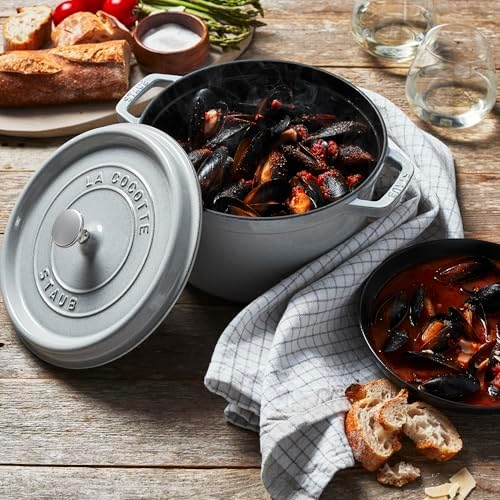 Staub Cast Iron 7-qt Round Cocotte - White Truffle, Made in France - Image 5