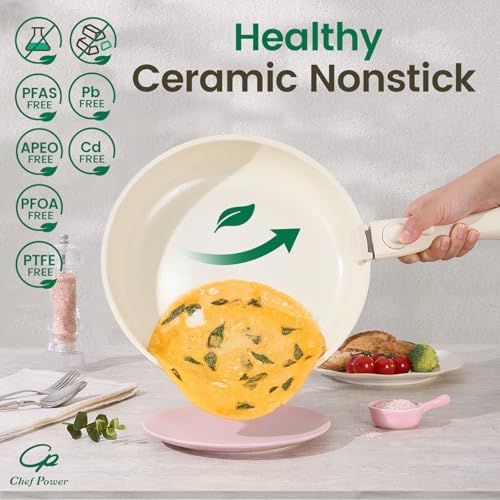Chef Power Ceramic Nonstick Pots and Pans Set 19 Piece with Detachable Handle, Induction Dishwasher Oven Safe Cookware Set, RV Kitchen Set Removable Handle (Light Pink) - Image 3