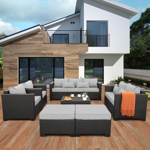 Rattaner Patio Furniture Sets 7 Pieces Outdoor Furniture Sectional Patio Couches Set with Storage Table Light Grey Cushions - Image 2