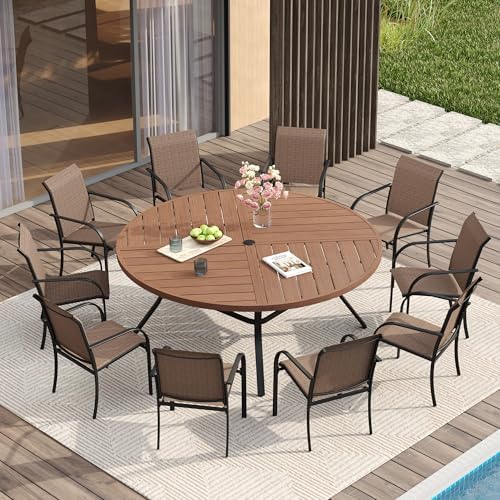 VICLLAX Patio Table and Chair Set of 10, All Weather Metal Round Outdoor Dining Furniture Set-59.9" Round Outdoor Table and Chairs, Walnut Wood Grain Tabletop by HOME
