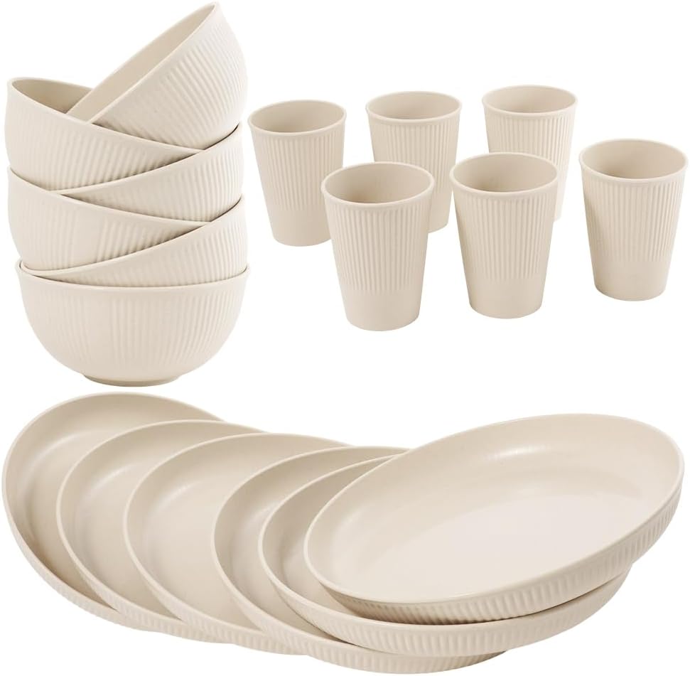 36-Piece Reusable Wheat Straw Dinnerware Sets for 6, Farielyn-X Unbreakable Reusable Set Kitchen Cups, Plates, Bowls Sets & Cultery Dishwasher Microwave Safe - Patio, Outdoors, RV, Camping Dishes by Farielyn-X