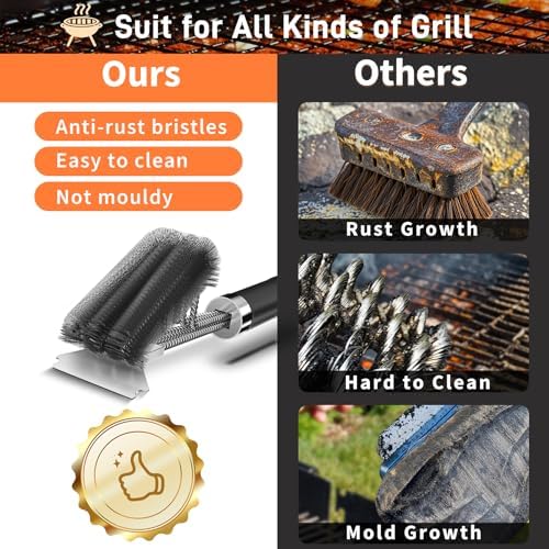 Grill Brush and Scraper-18 Adjustable Handle Safe BBQ Grill Brush for Outdoor Grill-Deep BBQ Clearning Brush wih Bottle Operner Extra Strong Grill Cleaner Accessories for Gas/Charcoal Grilling Grates - Image 3