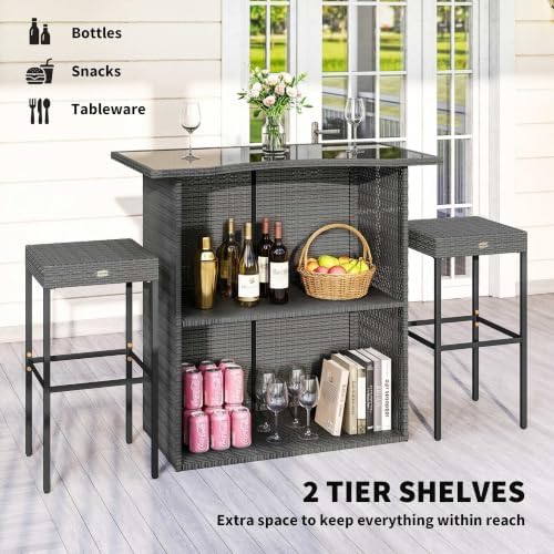 Outsunny 5 Piece Wicker Outdoor Bar Set with Glass Table Top Dark Gray - Image 3