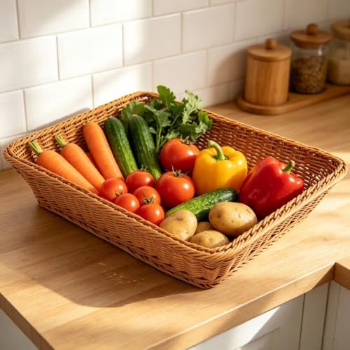 RT&BS 2pcs Wicker Bread Basket for Serving, Wicker Fruit Basket, Display Baskets for Vegetable Fruit, Reusable Handwoven Serving Baskets for Kitchen, Store, Restaurant, Outdoor (Brown, M) - Image 4