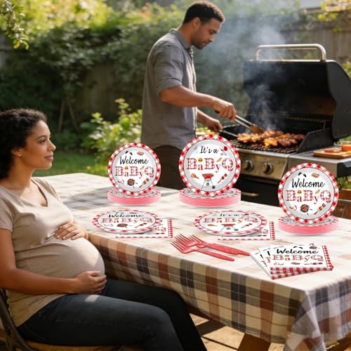 96PCS BabyQ Party Paper Plates and Napkins BBQ Themed Baby Shower Party Decoration Barbecue Tableware Set Disposable BBQ Supplies for Gender Reveal Summer Picnic BabyQ Birthday Gatherings Decorations - Image 5