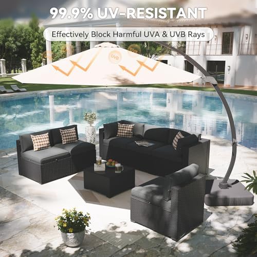 Aoxun Patio Furniture Set with Umbrella, 8 Piece Outdoor Sectional Sofas, Wicker Rattan Outdoor Furniture with Thickened Cushion for Backyard, Garden Dark Grey - Image 2