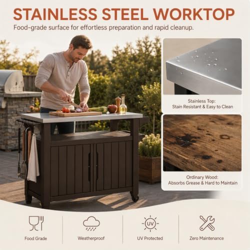 Outdoor Prep & Storage Cart, Stainless Steel Top, 78 Gal, Brown - Image 5