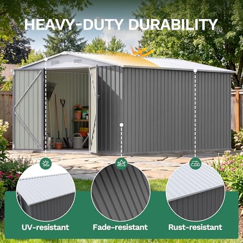 JUMMICO 10x12 FT Outdoor Storage Shed, Heavy Duty Metal Shed with Lockable Door&Slooping Roof, Tool Shed for Garden Backyard Patio(Gray) - Image 6