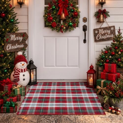 Christmas Door Mat 24"x35" Buffalo Plaid Cotton Washable Outdoor Rug by Sungea