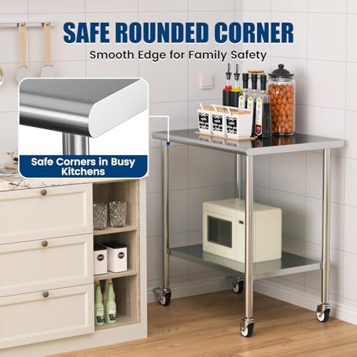 Stainless Steel Work Table with Wheels, 24x36 Inch NSF Kitchen Prep Table with Adjustable Undershelf for Commercial Restaurant, Garage, Outdoor BBQ - Image 5