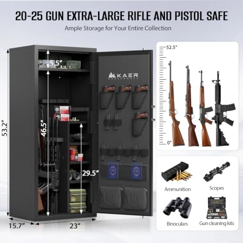 KAER 20-25 Gun Safe for Rifle and Pistols, Biometric Gun Cabinet with Adjustable Storage/Pistol Pouches/Removable LED, Gun Cabinet for Home Defense Hunting Shooting for Shotguns,Rifles,AR-15 - Image 2