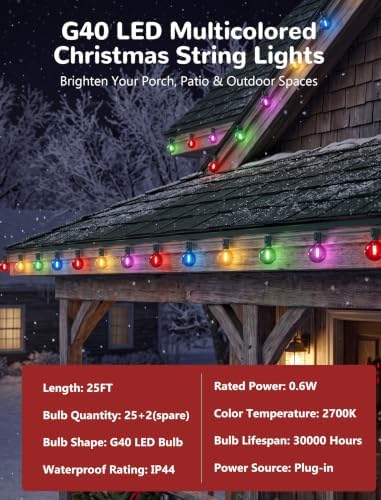 25FT G40 LED Multicolor Outdoor String Lights, 25 Shatterproof Globe Bulbs - Image 3