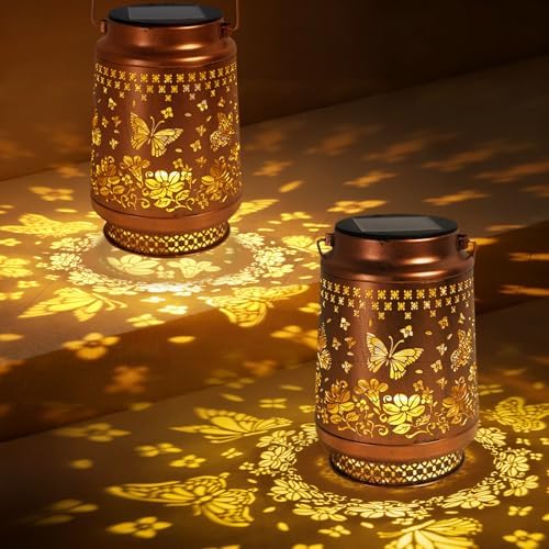 2 Pack Butterfly Solar Lanterns Outdoor Waterproof, Garden Decor Birthday Gifts for Women Mom Grandma Sister, Metal Hanging Solar Lights Outside Decorative for Backyard Patio Lawn Pathway Landscape by Fussion