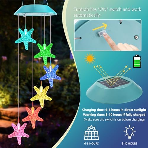 Solar Wind Chimes Outdoor, Color Changing Starfish Gift for Mom Grandma - Image 3