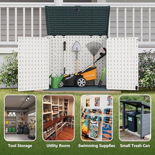 Greesum Outdoor Trash Can Storage Shed, 34 Cu.ft Horizontal Outdoor Storage Cabinet, Waterproof for Garden, Pool Storage, Garbage Cans, Beige - Image 5
