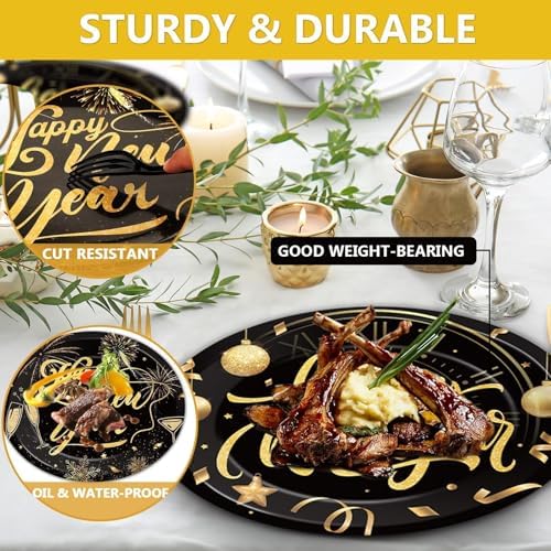 50PCS Happy New Year Oval Paper Plates 11”Large Heavy Duty Black and Gold 2026 New Year's Eve Party Decorations Year of the Horse Disposable Dessert Supplies NYE Holiday Evening Party Tableware Set - Image 4