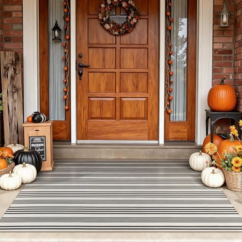 Fall Front Door Mat 3'x5', Cotton Woven Washable Striped Outdoor Rug by Sungea