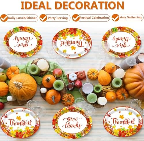 Qyeahkj 50PCS Thanksgiving Oval Paper Plates Large 11”Heavy Duty Disposable Plates Fall Party Decorations Give Thanks Serving Platter Supplies Favor Autumn Maple Leaf Party Tableware Set - Image 5