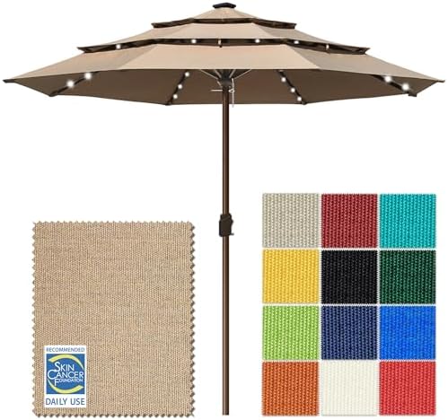 EliteShade USA 10-Year-Non-Fading 10ft 3-Tier Market Patio Umbrella, Commercial Table Umbrella with 80 Solar LED Lights, Crank Open, Windproof & UPF 50+ UV Protection for Garden, Deck, Pool, Backyard, No Tilt, Heather Beige by EliteShade