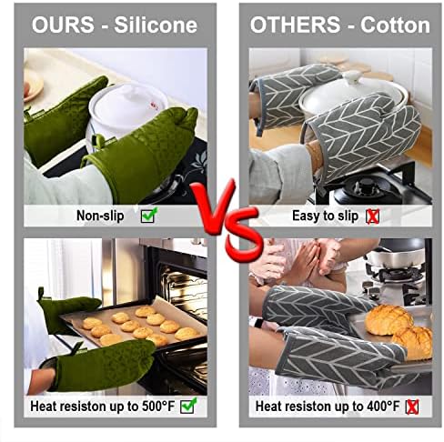 KEGOUU Oven Mitts and Pot Holders 6pcs Set, Kitchen Oven Glove High Heat Resistant 500 Degree Extra Long Oven Mitts and Potholder with Non-Slip Silicone Surface for Cooking (Olive Drab) - Image 5