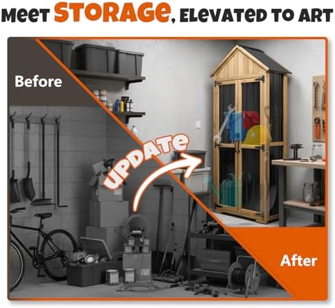 Outdoor Storage Cabinet with Shelves, Wood & Metal Storage Shed with Weatherproof Roof, 3 Removable Shelves, Double Lockable Doors, Adjustable Feet, Outside Storage Cabinet for Garage,Backyard, Patio - Image 2