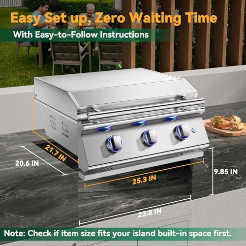 26 Inch BBQ Head Griddle Grill Combo for Barbecue Island, Liquid Propane Bulit-in Grills for Outdoor Kitchen,3 * 14,000 BTU， 3-Burner, Premium 304 Stainless Steel, Convertible to Natural Gas - Image 2