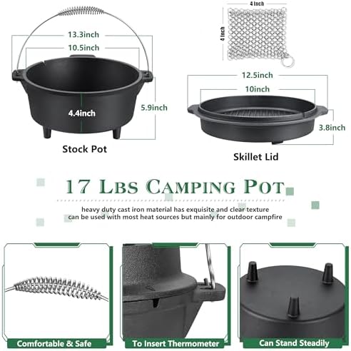 HaSteeL 5QT Cast Iron Dutch Oven Camping Pot with Stainless Steel Scrubber - Image 2