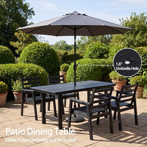 10-Piece Outdoor Dining Set, All-Weather HDPE Patio Furniture, Two 66.5" Slatted Table with 1.6" Umbrella Hole & 8 Ergonomic Armchairs, Heavy Duty 350lbs Capacity, UV Resistant, Black - Image 4