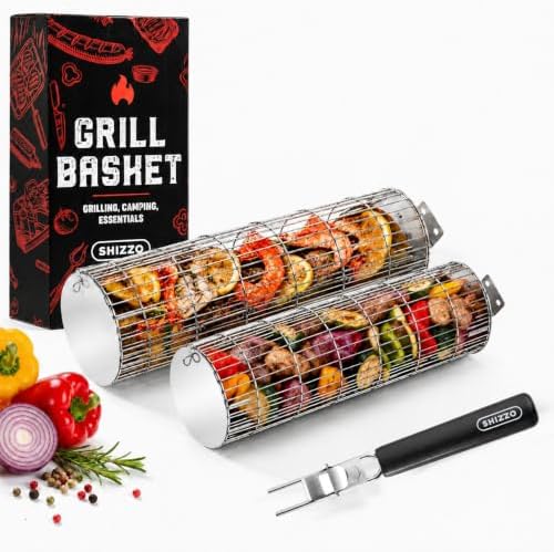 SHIZZO Extra Sturdy Rolling Grill Basket, Removable Handle, Set of 2 by SHIZZO