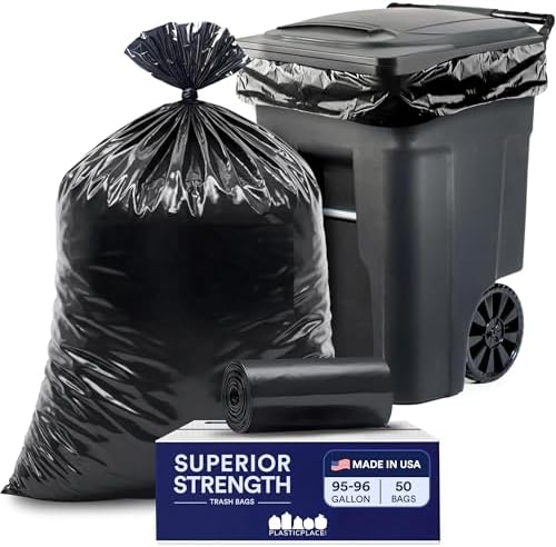 Plasticplace 95-96 Gallon Heavy Duty Trash Bags, Garbage Bags, Puncture-Resistant, Fits Rollaway Cans & Drums, Durable Large Plastic Bags (50 Count) by Plasticplace