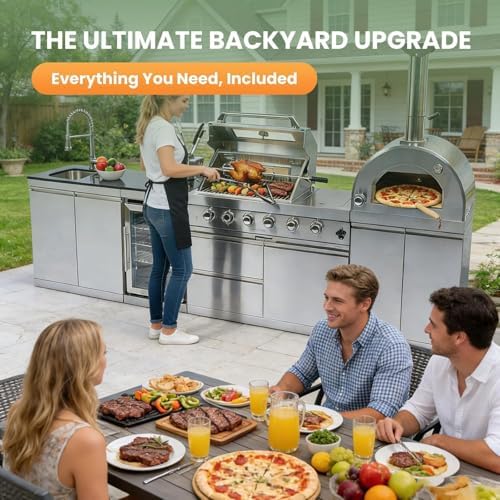 125" Outdoor Kitchen Island,Stainless Steel Natural Gas BBQ Grill with with Standalone Side Burner Pizza Oven, Rotisserie, Refrigerator, Granite Countertop, Storage Cabinets Drawers 108000 BTU. - Image 5