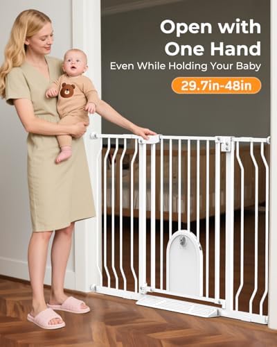 30"- 48" Extra Wide Baby Gate with Cat Door, 30.5" Tall, No-Drill Pressure Mount, Includes 2 Extensions, Pet & Toddler Safety Gate for Kitchens, Stairs (White-All-Door, 30"-48" W x 30.5" H) - Image 5