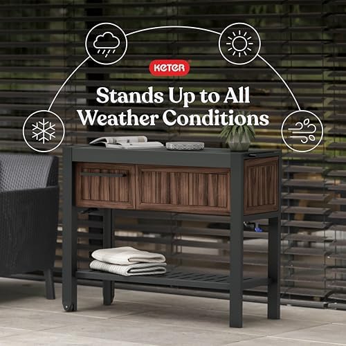 Keter Extendable Outdoor Bar Cart with Hidden Cooler, Storage Drawers & Prep Surface – Mobile Patio Serving Station with Drainage Kit & Hidden Wheels for Backyard, Garden & Poolside Entertaining - Image 3