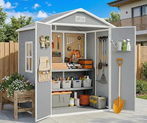 Gizoon 6x4.4 FT Resin Storage Shed with Floor, Outdoor Plastic Shed, Grey by Gizoon