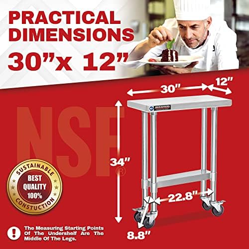DuraSteel 30x12 NSF Stainless Steel Cart - Heavy Duty Rolling Food Prep Table with Undershelf - Metal Utility Cart for Commercial Restaurant Kitchen, Laundry, Side Mixer Stand - Image 2