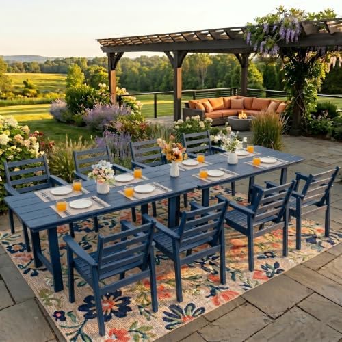 10-Piece Outdoor Dining Set, All-Weather HDPE Patio Furniture, Two 66.5" Slatted Table with 1.6" Umbrella Hole & 8 Ergonomic Armchairs, Heavy Duty 350lbs Capacity, UV Resistant, Blue - Image 6
