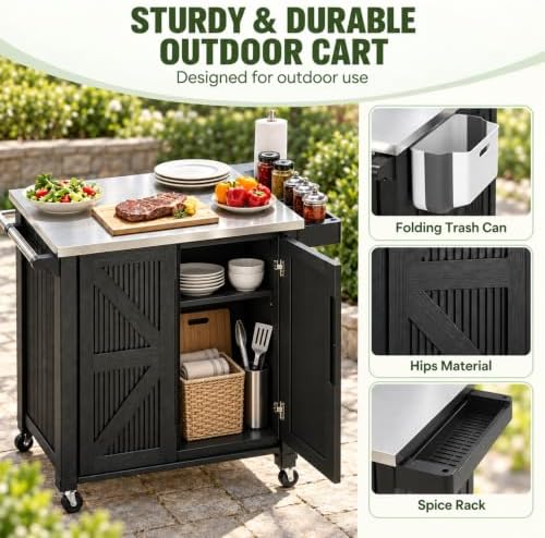 Outdoor Grill Cart with Stainless Steel Tabletop, Outdoor Kitchen Island with Storage Cabinet, Grill Cart with Folding Trash Can, 4 Wheels (2 Lockable) for Patio, Backyard, Garden and Poolside - Image 4
