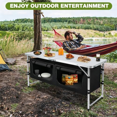 Camping Table with Storage, Portable Lightweight 3 Height Adjustable for Outdoor,Black - Image 4