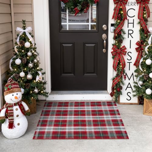 Christmas Red Green Buffalo Plaid Rug Door Mats Outdoor 2'X3' Welcome Mat by OJIA
