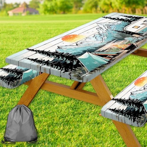 Picnic Table Cover with Bench Covers and Bag, Wooden Camper Waterproof Windproof, Fitted Tablecloth Cover with Elastic Edge, for Indoor & Outdoor, Garden, Camping, 3 Pieces Set, 30x60 Inch by Xguatan