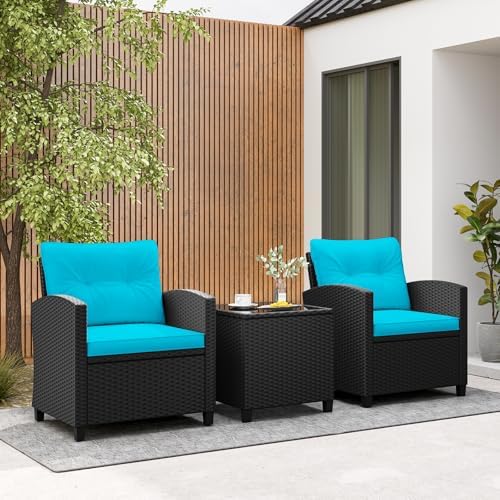 RELAX4LIFE 3-Piece Patio Furniture Set - Wicker Rattan Bistro Sofa Set w/Glass Top Coffee Table, Washable Cushions for Porch Balcony Backyard Poolside, Outdoor Furniture Conversation Set (Turquoise) - Image 2