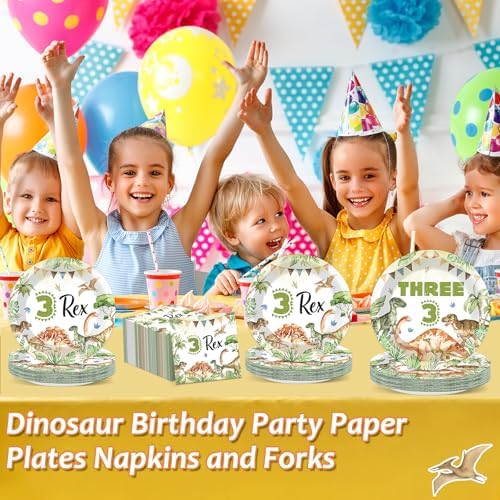 96PCS Dinosaur 3rd Birthday Party Paper Plates and Napkins and Forks Set Watercolor Dino Rex Tableware Set Three Rex Theme Dinnerware Paper Plates for Kids Birthday Gatherings Decorations - Image 6