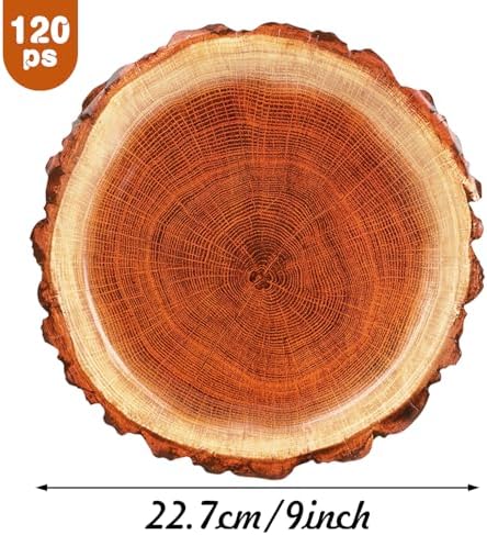 120 Pcs Rustic Wood Grain Dessert Paper Plate 9"Natural Farmhouse Wood Slice Paper Dessert Plates Camping Wood Grain Slice Service Trays for Camping Hunting Lumberjack Birthday Party Supplies - Image 2