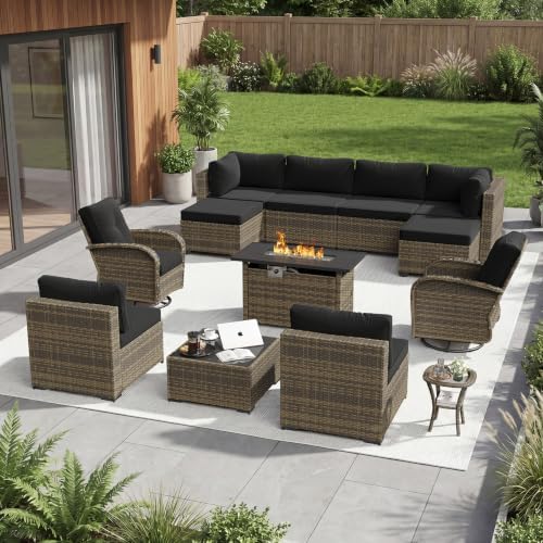 Aoxun 13 Piece Outdoor Patio Furniture Set with 44'' Fire Pit Table, Wicker Rattan Outdoor Furniture with High Back Swivel Rocker Chairs, Outdoor Conversation Set with Thick Cushion & Ottoman, Black by Aoxun