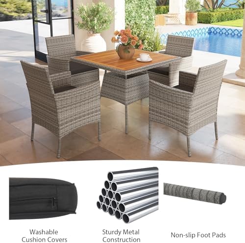 HAPPYGRILL 5 Pieces PE Wicker Patio Dining Set with Table and Chairs with Cushions, Outdoor Patio Furniture Set for Deck, Garden and Backyard (Grey Black & Wood) - Image 4