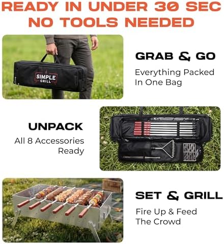TSG Portable Stainless Steel Mangal Charcoal Grill For Shish Kebab, Steaks, Burgers | 20X12Inch| Includes 6 Skewers, 2 Tongs & Carry Bag | Foldable & Rustproof for Outdoor Cooking | Serves 8-12 People - Image 5