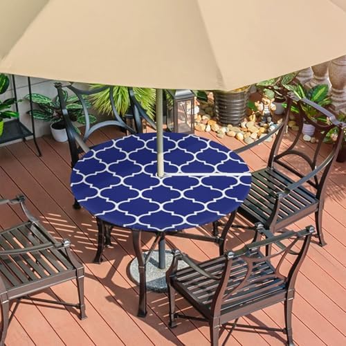 Fitted Round Tablecloth with Umbrella Hole and Zipper Navy Blue Outdoor Elastic Table Cloth 36"-44" Oil-Proof Waterproof Patio Table Cover for Dining Picnic Camping - Image 7