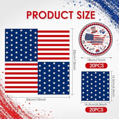 40PCS 4th of July Party Supplies, 250th Anniversary American Flag Patriotic Plates and Napkins, Disposable Fourth of July Paper Plates & Napkins for Veterans Day, Election Day & Independence Day Decor - Image 2